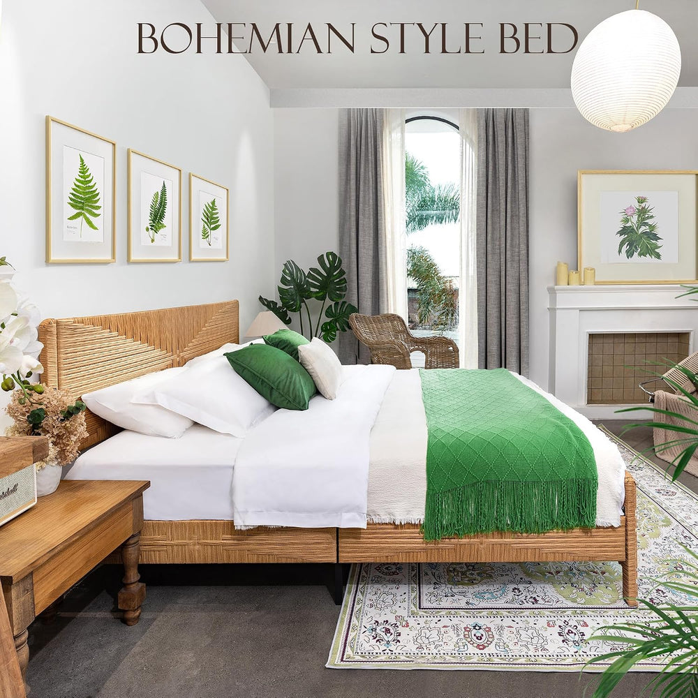 Hand-Woven PE Rattan King Bed Frame with Headboard and Footboard, Boho Mid Ce...
