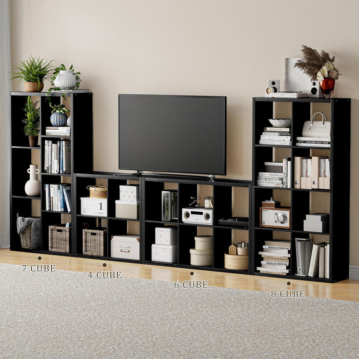 Cube Storage Organizer Bookcase, Decorative 11 inch Open Back Cubical Shelf with Thickened Border, Display Bookshelf for Living Room, Home Office, Sturdy Room (Black, 8 Cube)