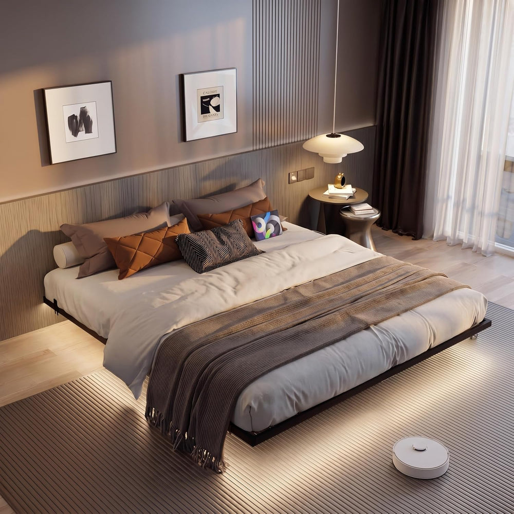 California king floating bed frame with Charging Station & Smart LED Lights
