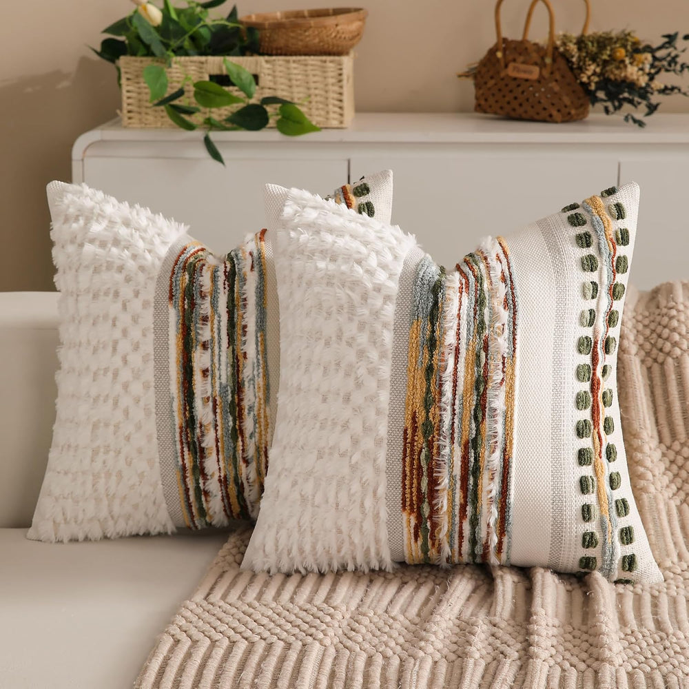 Boho Chenille Tufted Couch Throw Pillow Covers 18x18 Inch Set of 2 Farmhouse ...