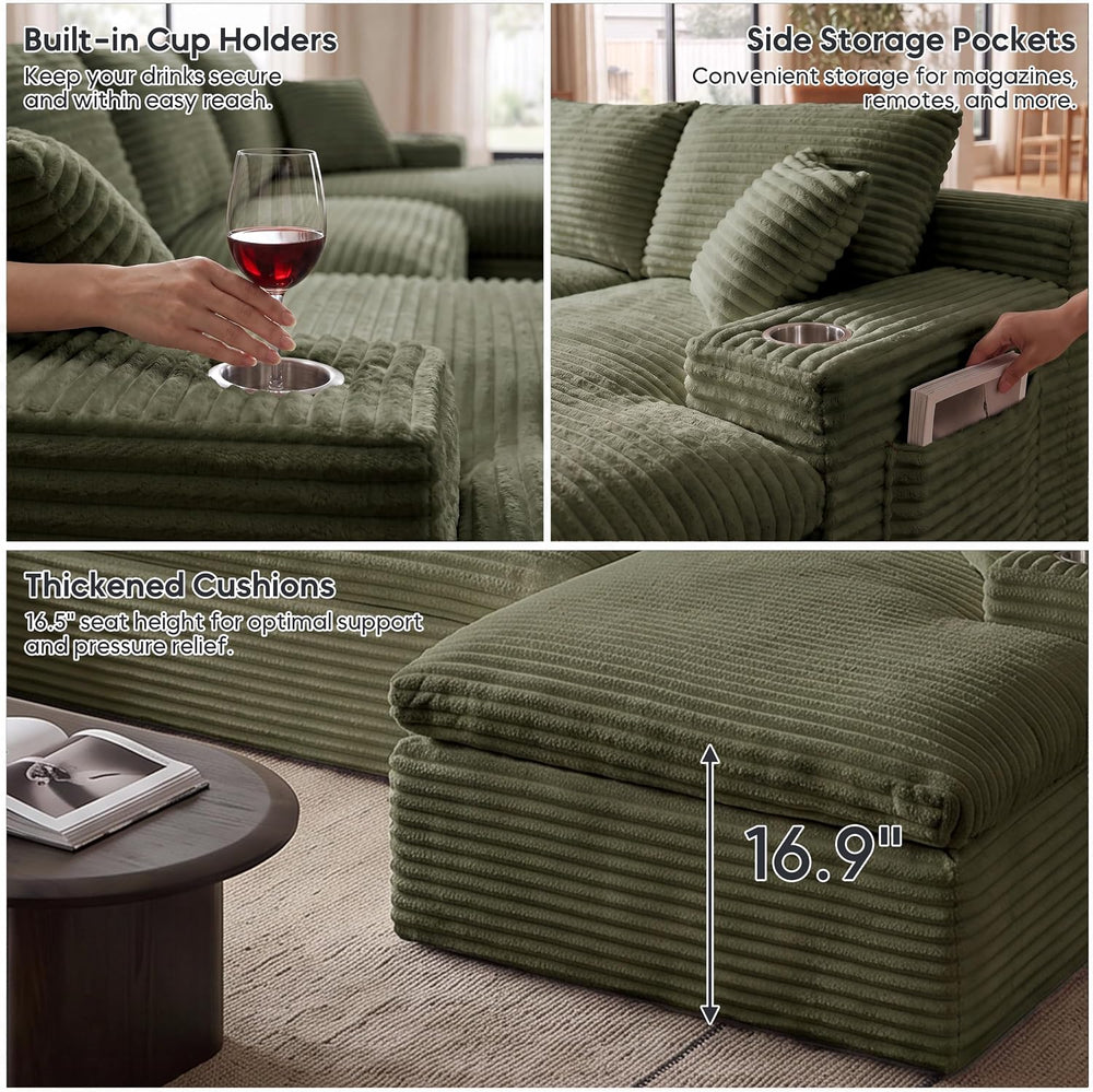 120" Modular Sectional Sofa, U-Shape Boneless Couch, Green