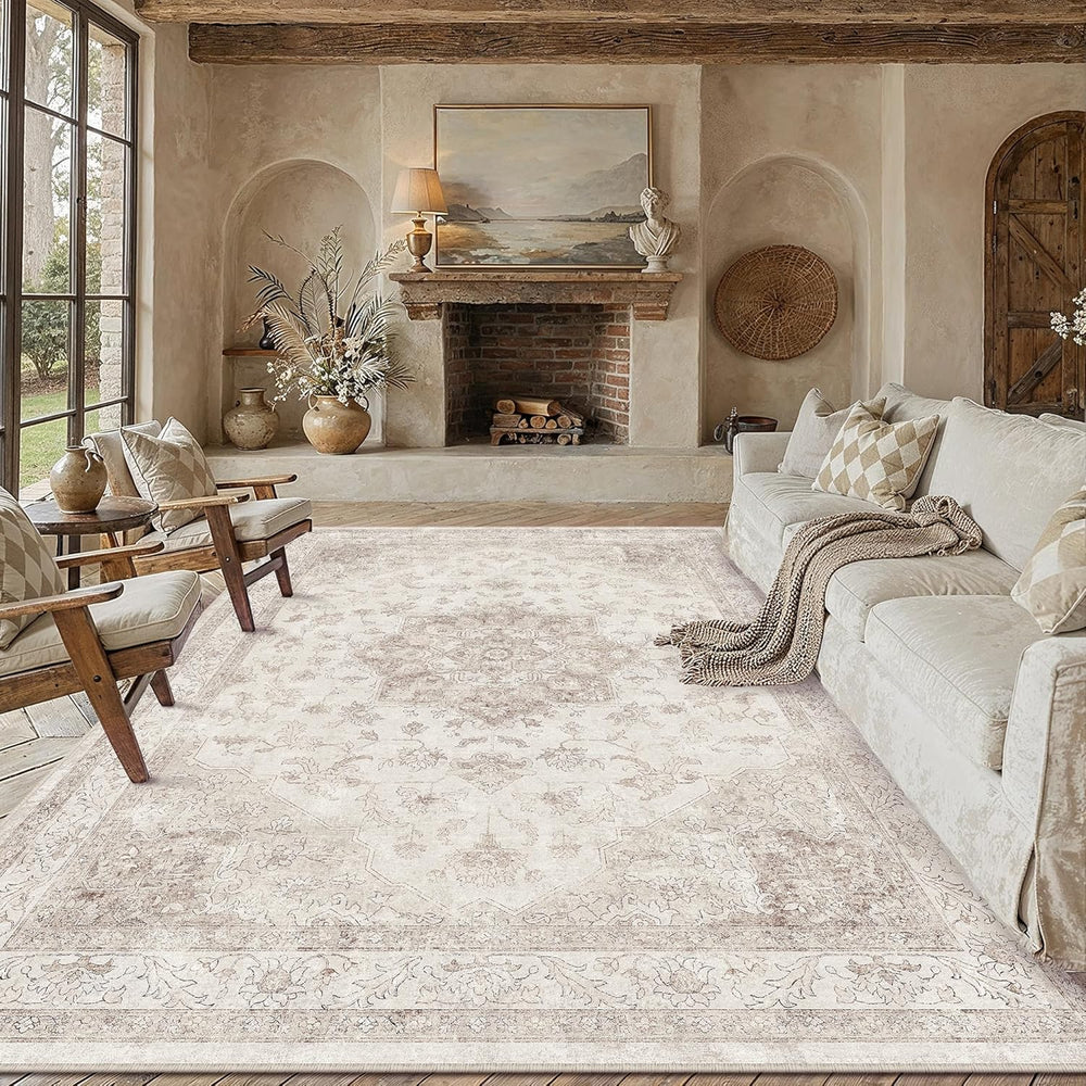 PureCozy Beige 8x10 Washable Area Rug Vintage Oriental Medallion Carpet