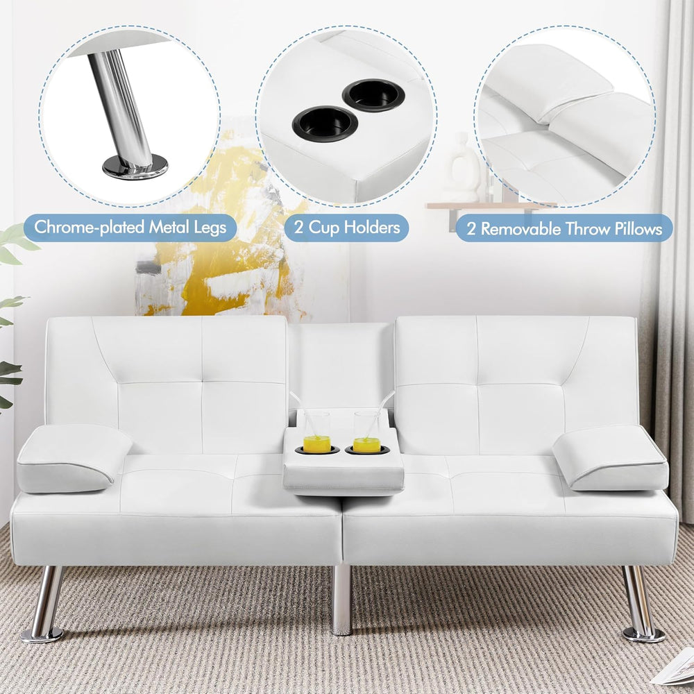 Yaheetech Convertible Futon Sofa Bed Loveseat with Cup Holder, White