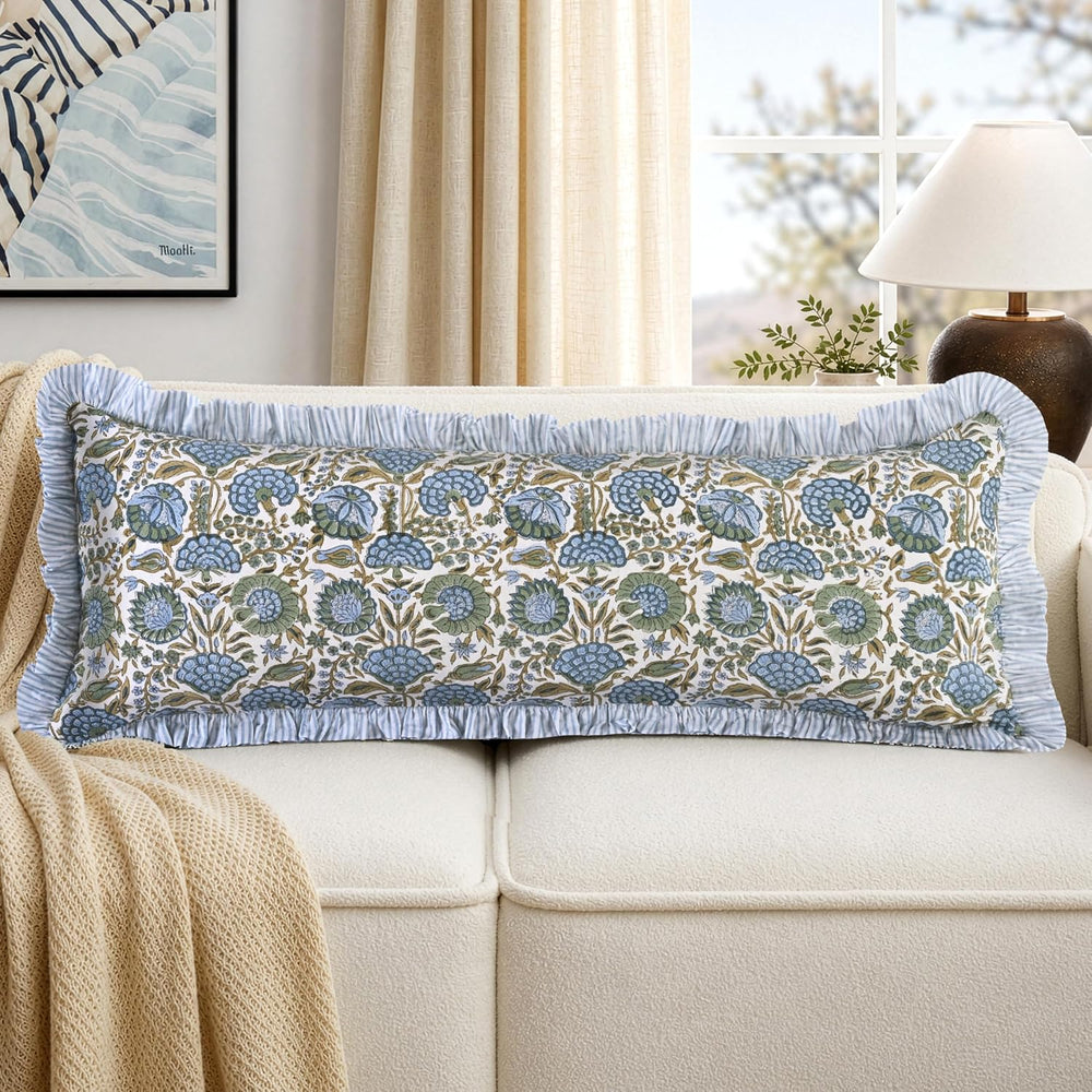 Ridhi Asparagus Green Block Print Ruffle Pillow Sham 36x14 Inch Set of 1
