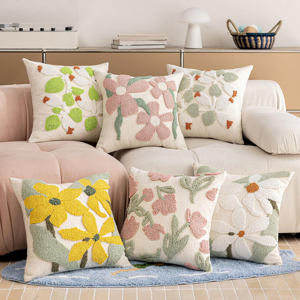 Premium Chenille Embroidered Throw Pillow Covers 18x18 Set of 2, Thick 3D Tuf...