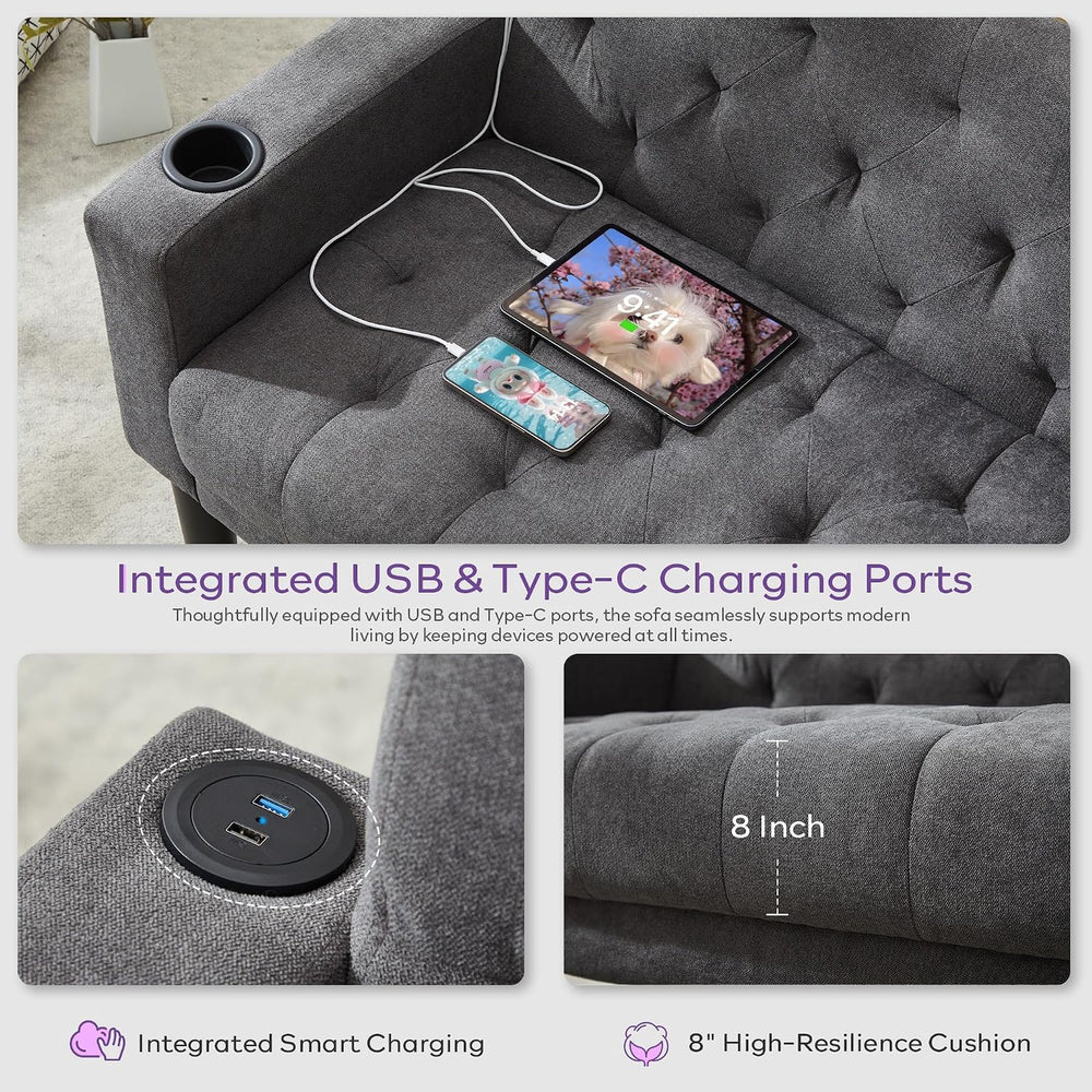 62" W Loveseat Sofa w/ 2 USB Charger Ports and 2 Cupholders