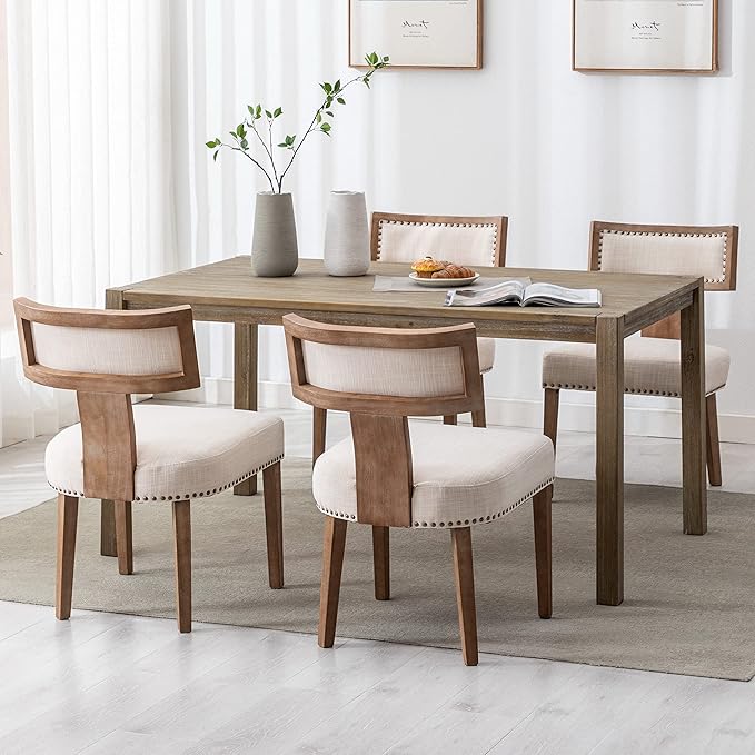 Mid Century Modern Dining Chairs Set of 2 Linen Fabric Upholstered Kitchen Si...
