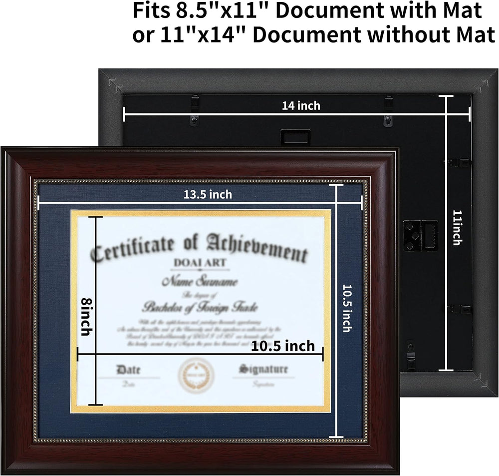 DOAI ART 8.5 x 11 Diploma Frame with Blue Over Gold Mat Classic Mahogany