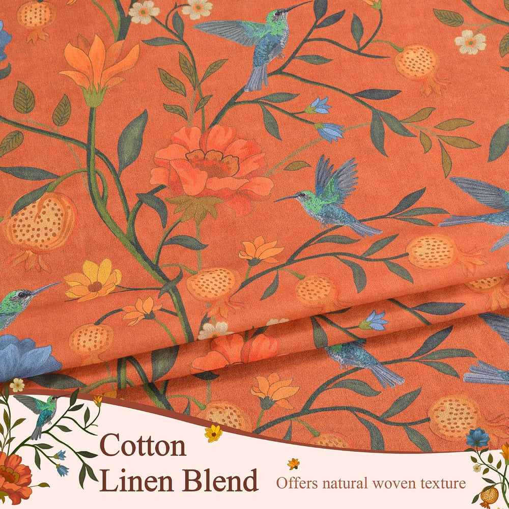 Terracotta Floral Linen Curtains, Boho Whimsical Bird Print Curtains for Bedr...