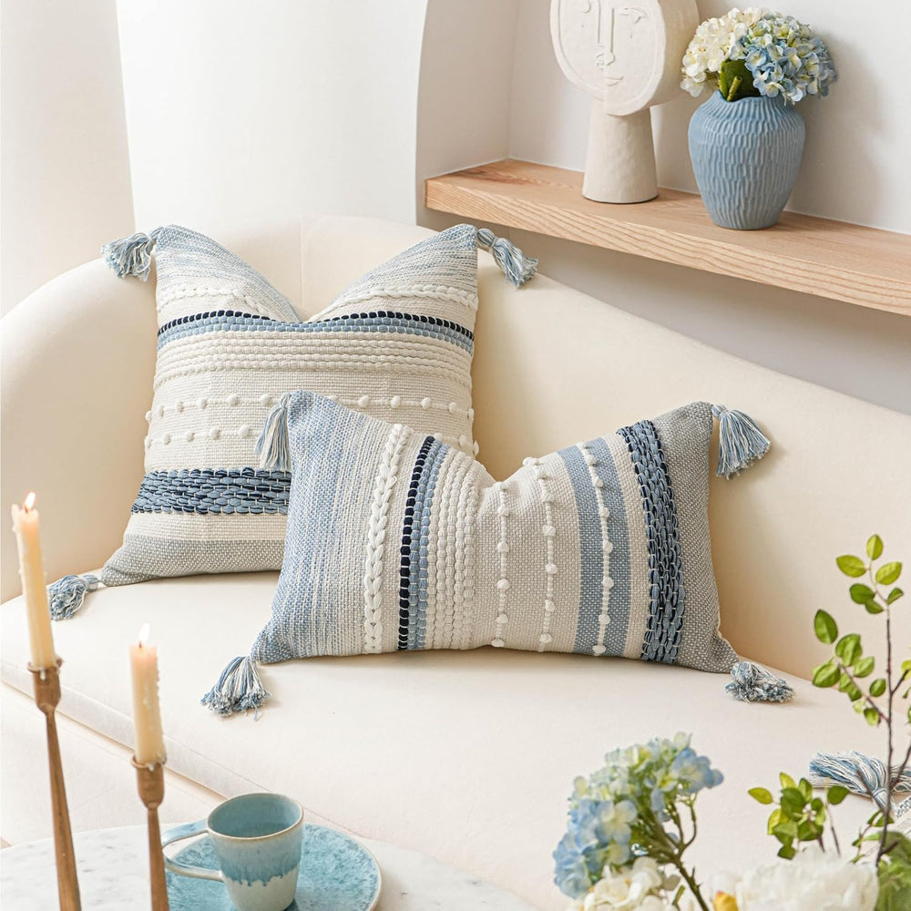Coastal Blue Boho Decorative Throw Pillow Cover 22x22 Modern Bohemian Accent ...