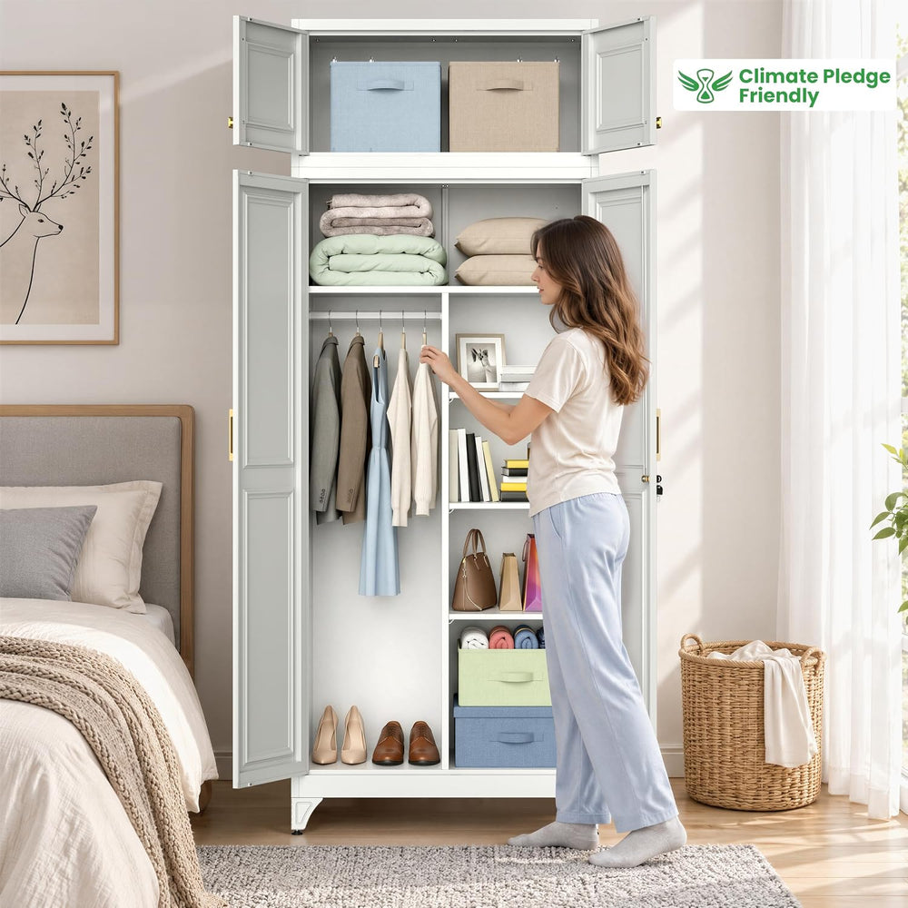 86" Metal Wardrobe Closet with Lock, Tall Armoire, White