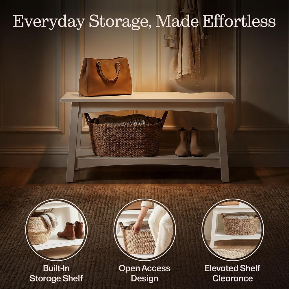 Alaterre Furniture Craftsbury Entryway Bench with Storage Shelf, White, 36”