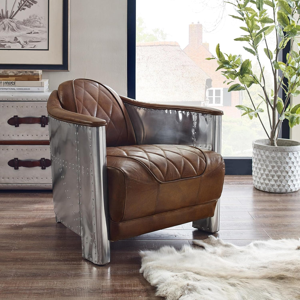 Art Leon Mid Century Industrial Genuine Leather Accent Club Chair Cognac
