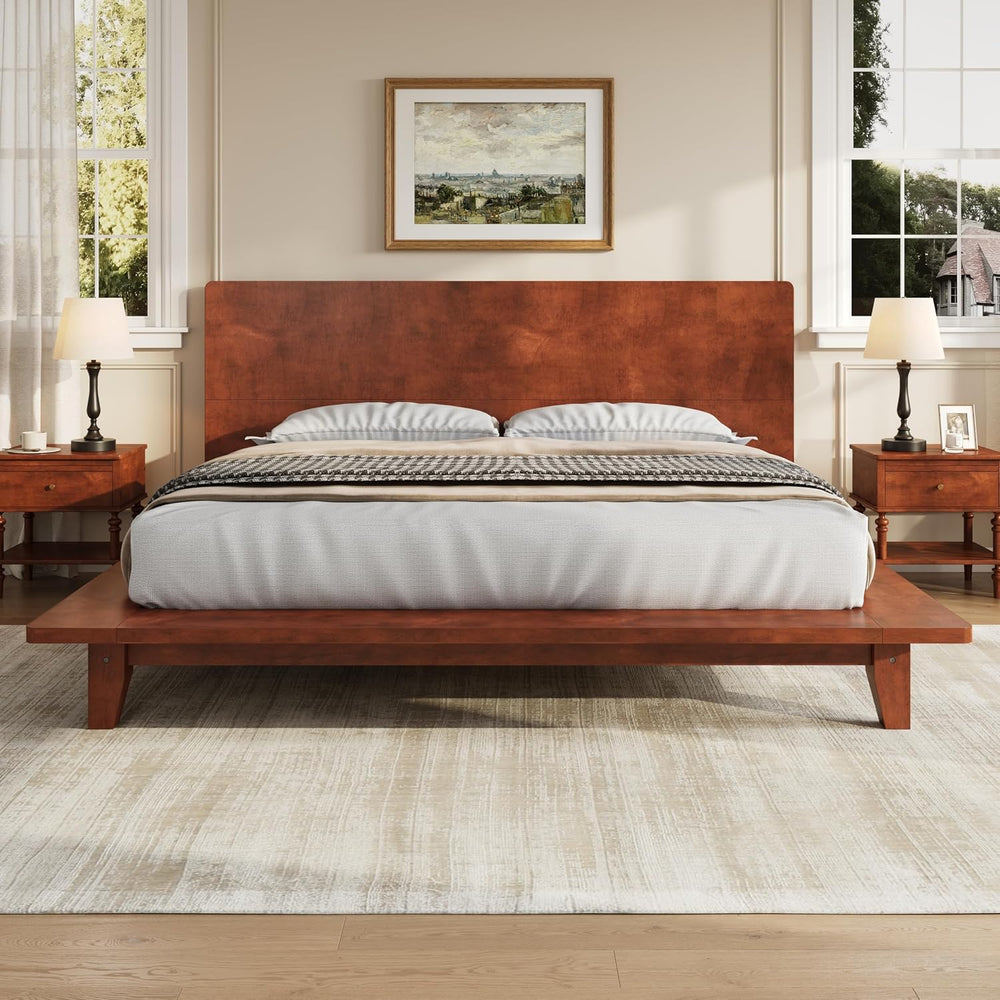 Queen Size Japanese Wooden Bed Frame with Brown Headboard