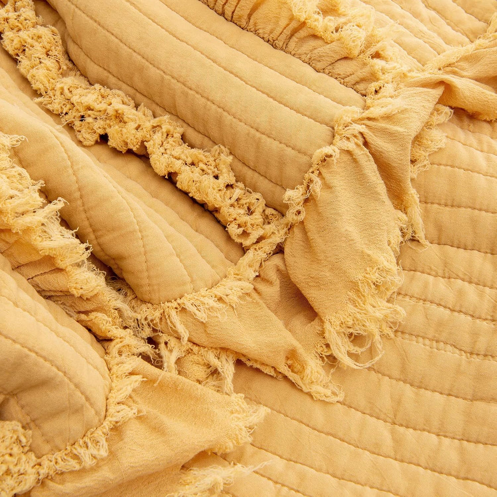 Ultra Soft Pre-Washed Warm Quilted Throw Blanket, Ruffle Fringed Yellow Boho ...