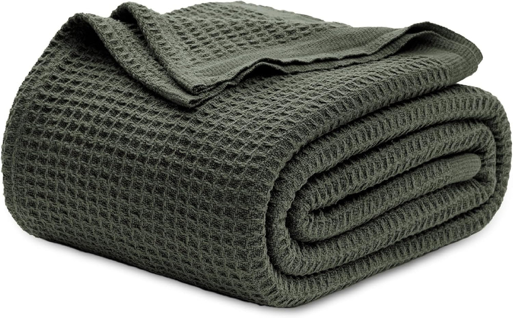 Bedsure 100% Cotton Blanket, Waffle Weave, Queen Size, Olive Green, 90"x...