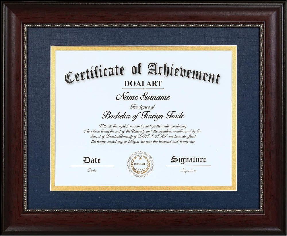 DOAI ART 8.5 x 11 Diploma Frame with Blue Over Gold Mat Classic Mahogany