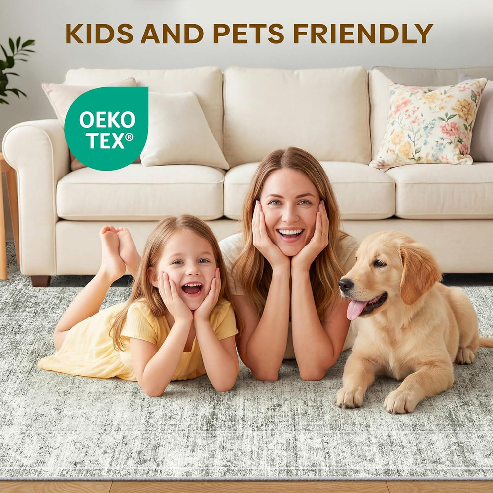 LIVELYGLOW 8x10 Washable Distressed Area Rug, Neutral Living Room Carpet
