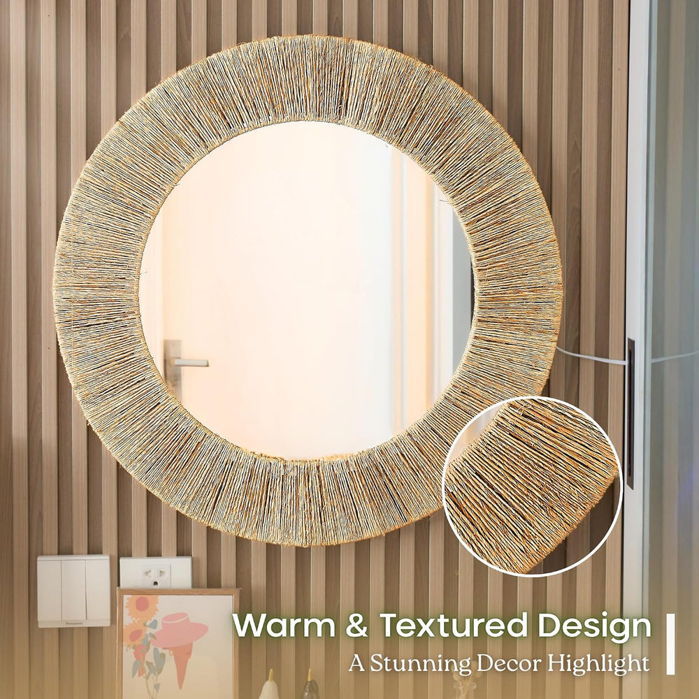 Chi An Home 24 inch Natural Jute Round Wall Mirror, Boho Decor Wall Mirror