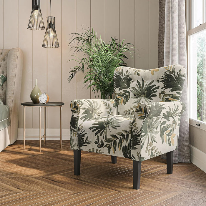 BELLEZE Modern Accent Chair, High Back Armchair, Upholstered Wingback Side Chair, Padded Single Sofa with Wooden Legs for Living Room, Bedroom - Green Floral