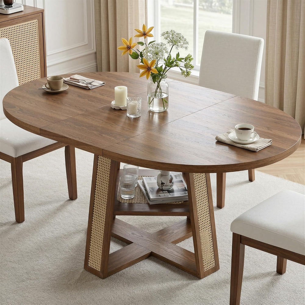 LIKIMIO Dining Table, 43"-59" Extendable Round to Oval with Storage...