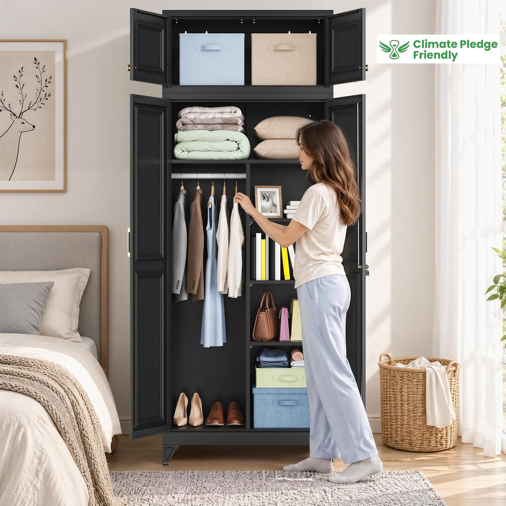 86" Metal Wardrobe Closet with Lock, Tall Armoire, Black