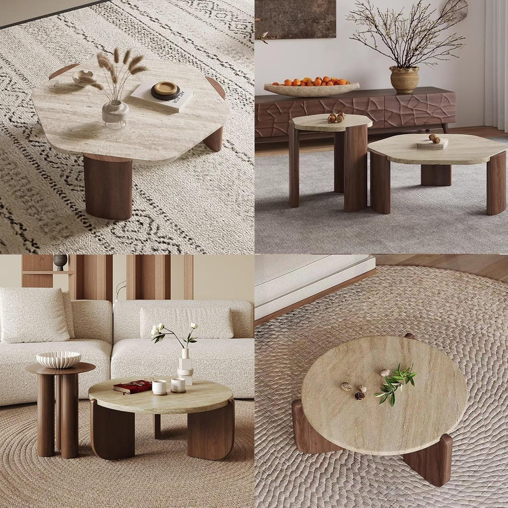 FORRTY Coffee Table,Sofa Table,End Tables, Slate Stone+Solid Wood, Sturdy And...