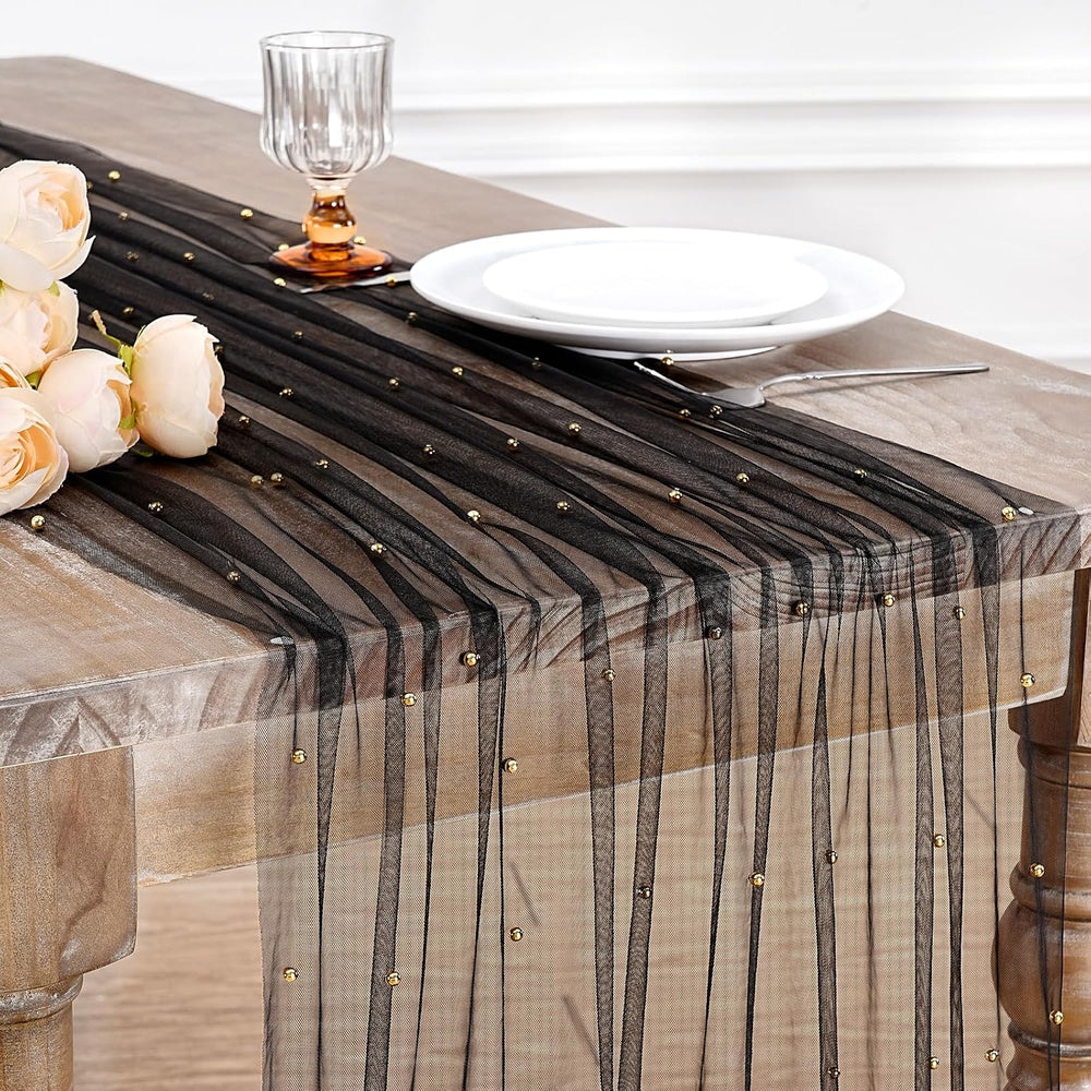 Pearl Gauze Tulle Table Runner Black Halloween 120 Inch 10FT Sheer Dining