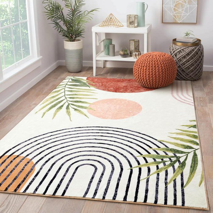 RoomTalks Mid Century Modern Washable Rug, Boho Cute Aesthetic 4x6 Area Rugs for Bedroom Dining Living Room Kitchen, Abstract Tropical Leaves Non Slip Thin Indoor Entryway Rug Accent Floor Carpet
