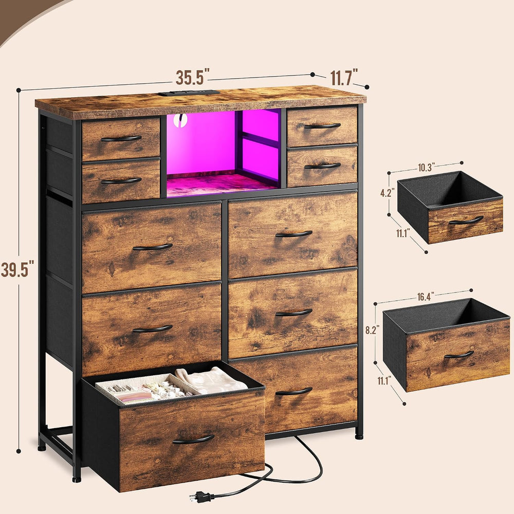 10-Drawer Tall Dresser for Bedroom, LED & Charging Station, Brown