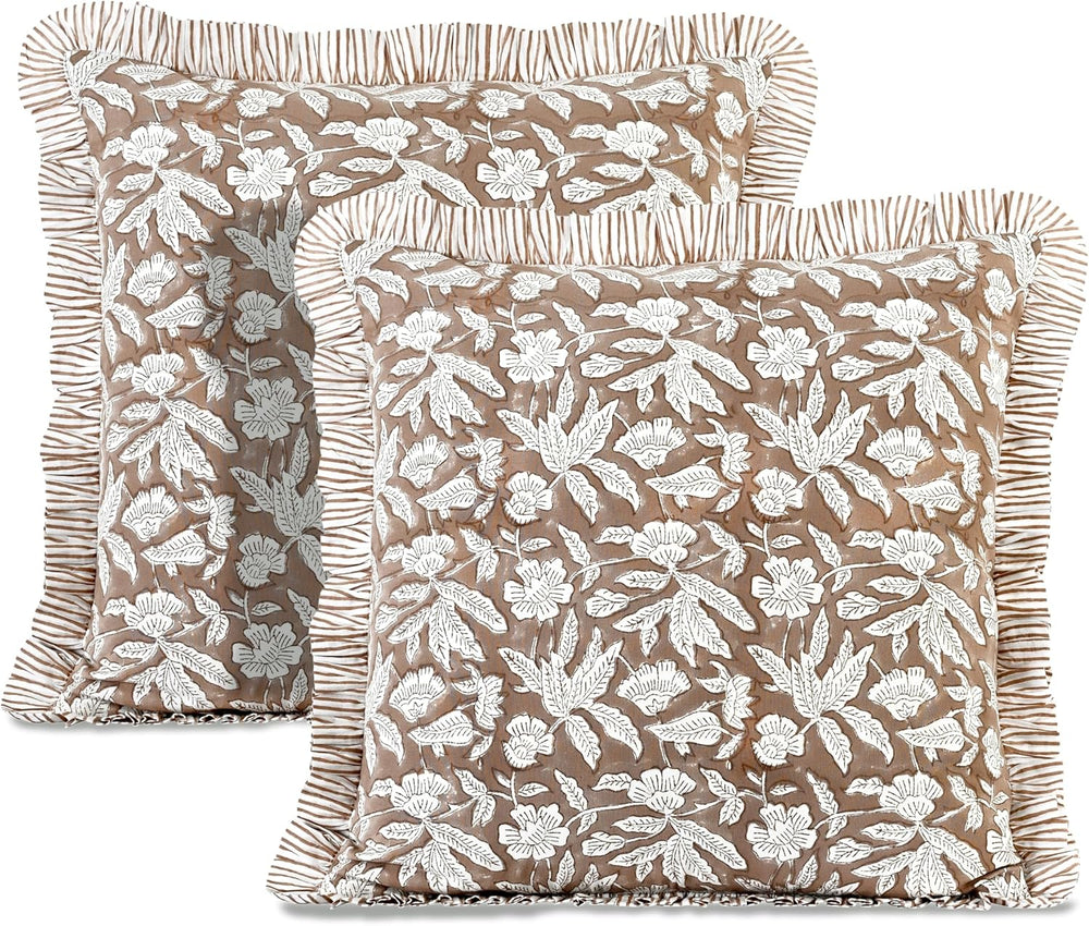 Ridhi Oak Brown Floral Block Print Throw Pillow Covers 16 x 16 Inch