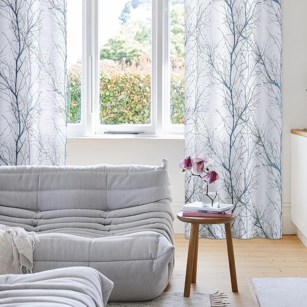 FMFUNCTEX Linen Blue White Semi Sheer Print Curtains 84 Inch Long 2 Panels