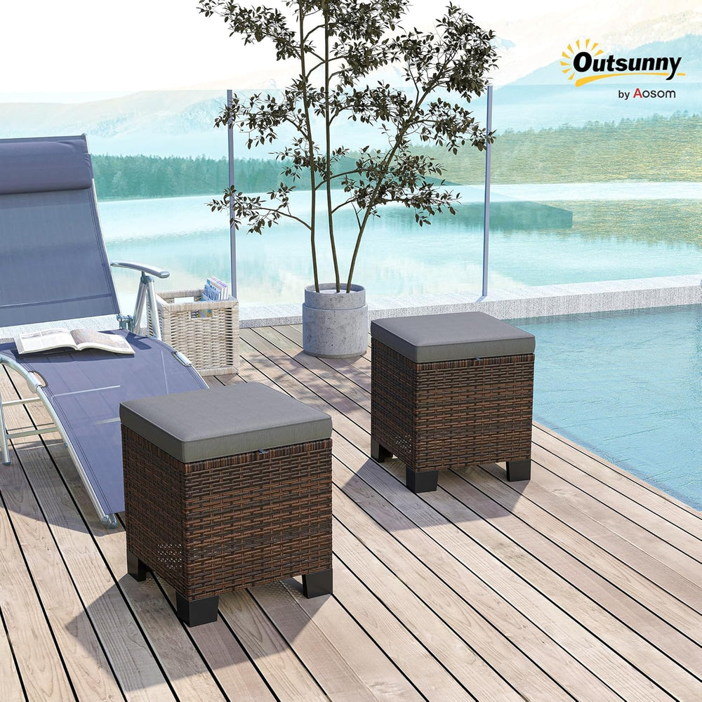 Outsunny 2 Pieces Outdoor Patio Ottomans, All Weather Wicker Footstools with ...