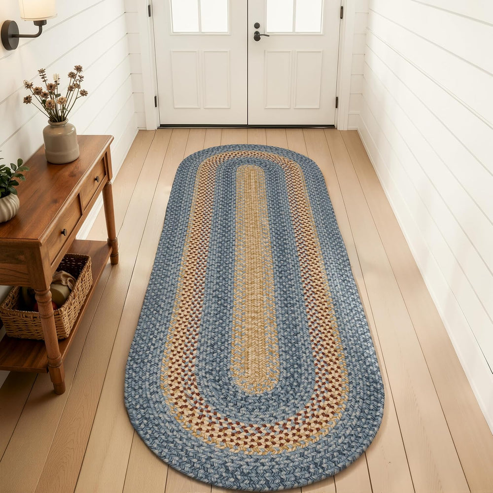 RCTJHOME 2x6 Oval Braided Runner Natural Rust Blue Farmhouse Kitchen Rug