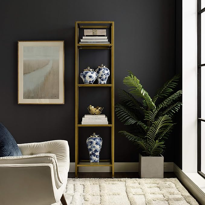 Crosley Furniture Aimee Narrow Bookshelf with Glass Shelves, Bookcase Storage...