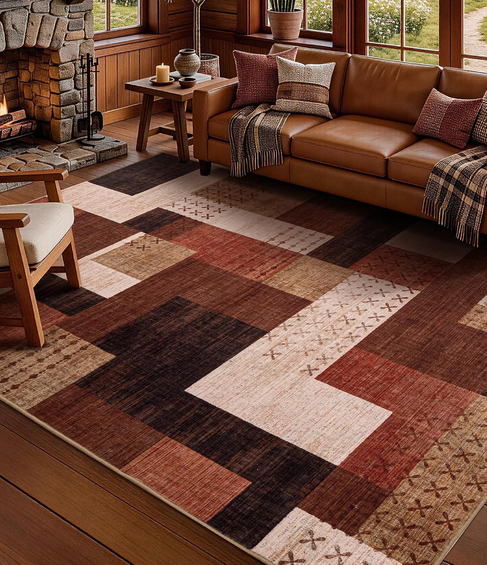YIHOUSE Modern Geometric Patchwork Rugs for Living Room, Brown Washable 6x9 A...