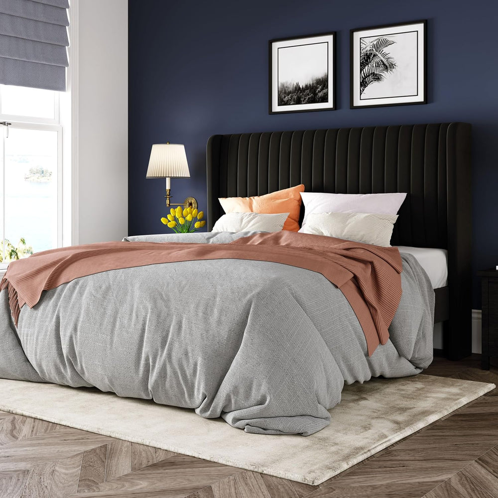 Allewie Full Size Velvet Bed Frame/Vertical Channel Tufted Wingback Headboard...
