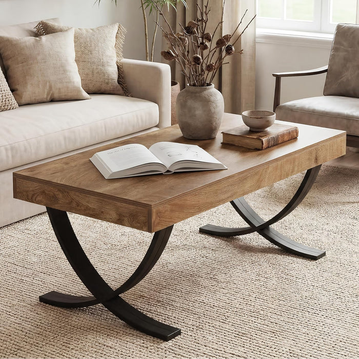 LITTLE TREE 47” Coffee Table, Rectangle Center Table for Living Room, Industrial Modern Living Room Table, Wood Coffee Table with Curved Cross Legs, Thickened Wood Grain Top, Rustic Brown & Black