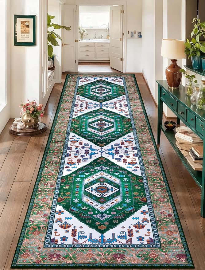 SERISSA Runner Rug for Hallways, Long Boho Rug Vintage Green White Hallway
