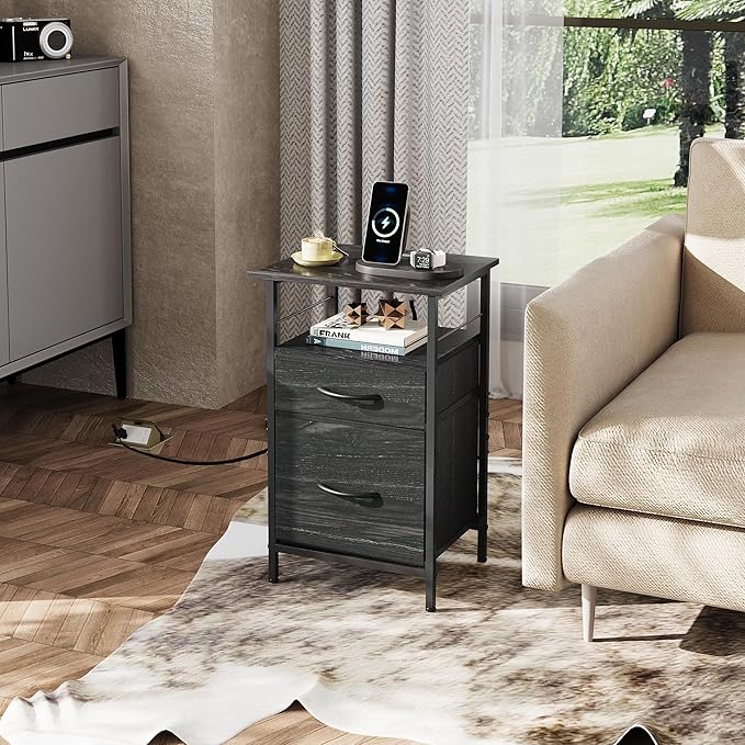 WLIVE Night Stand Set 2, Black Nightstand with Charging Station, Bedside Tabl...