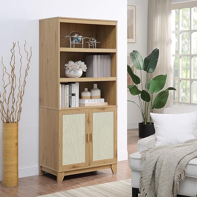 Manhattan Comfort Sheridan Modern Cane Bookcase with Adjustable Open Shelves,...