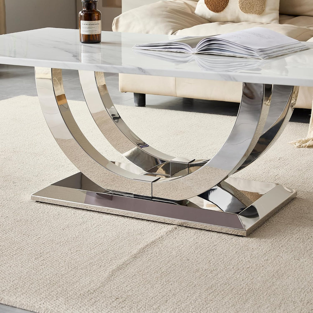 Henf Modern 50" Coffee Table White Faux Marble Center Table with Silver ...