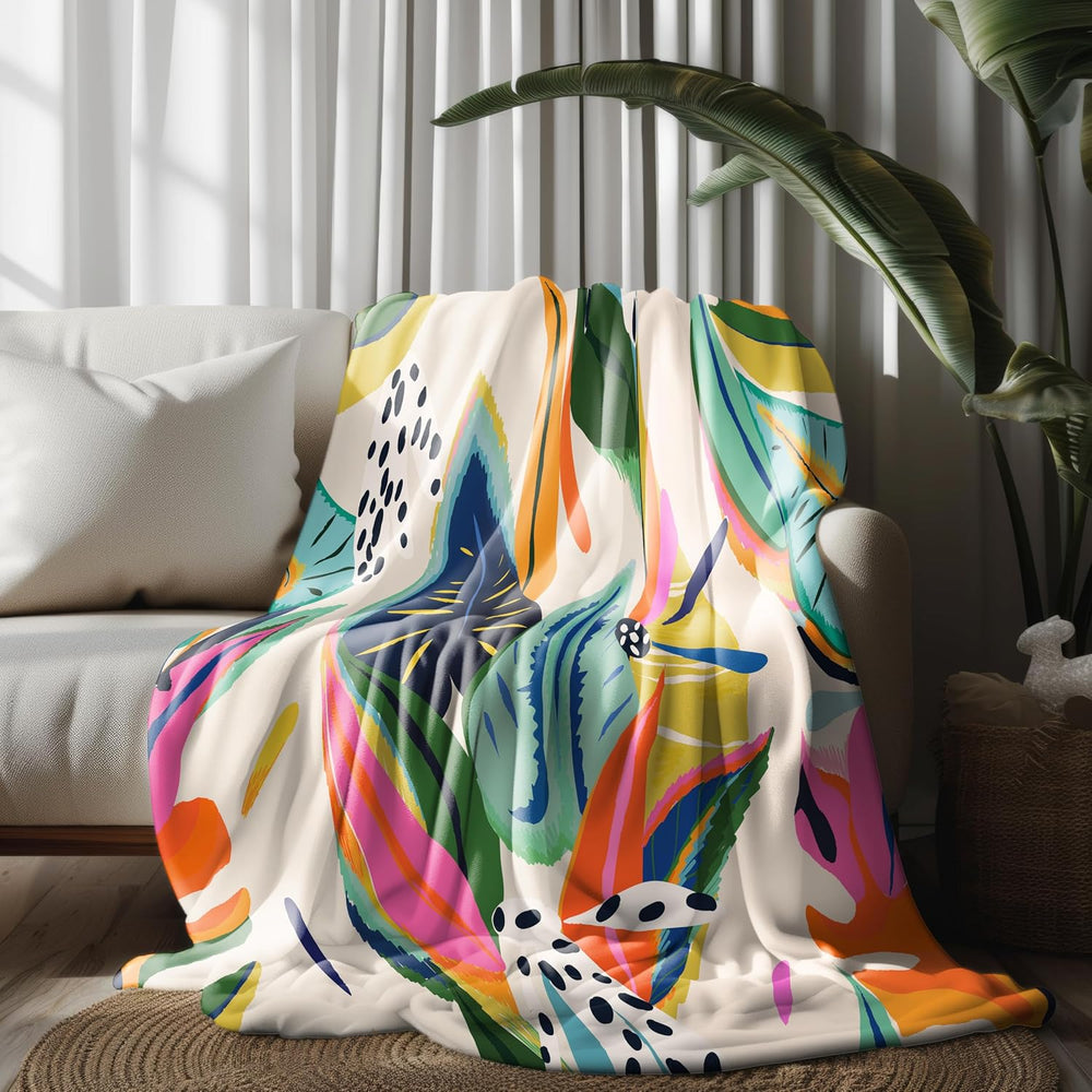 Abstract Colorful Throw Blanket, Jungle Floral Plant Bohemian Modern Asthetic...