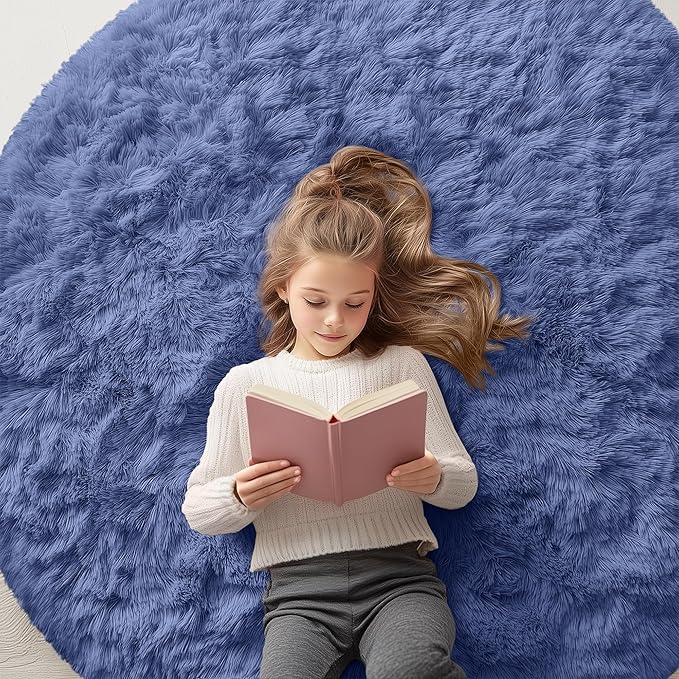 OLANLY Denim Blue Round Rugs for Bedroom