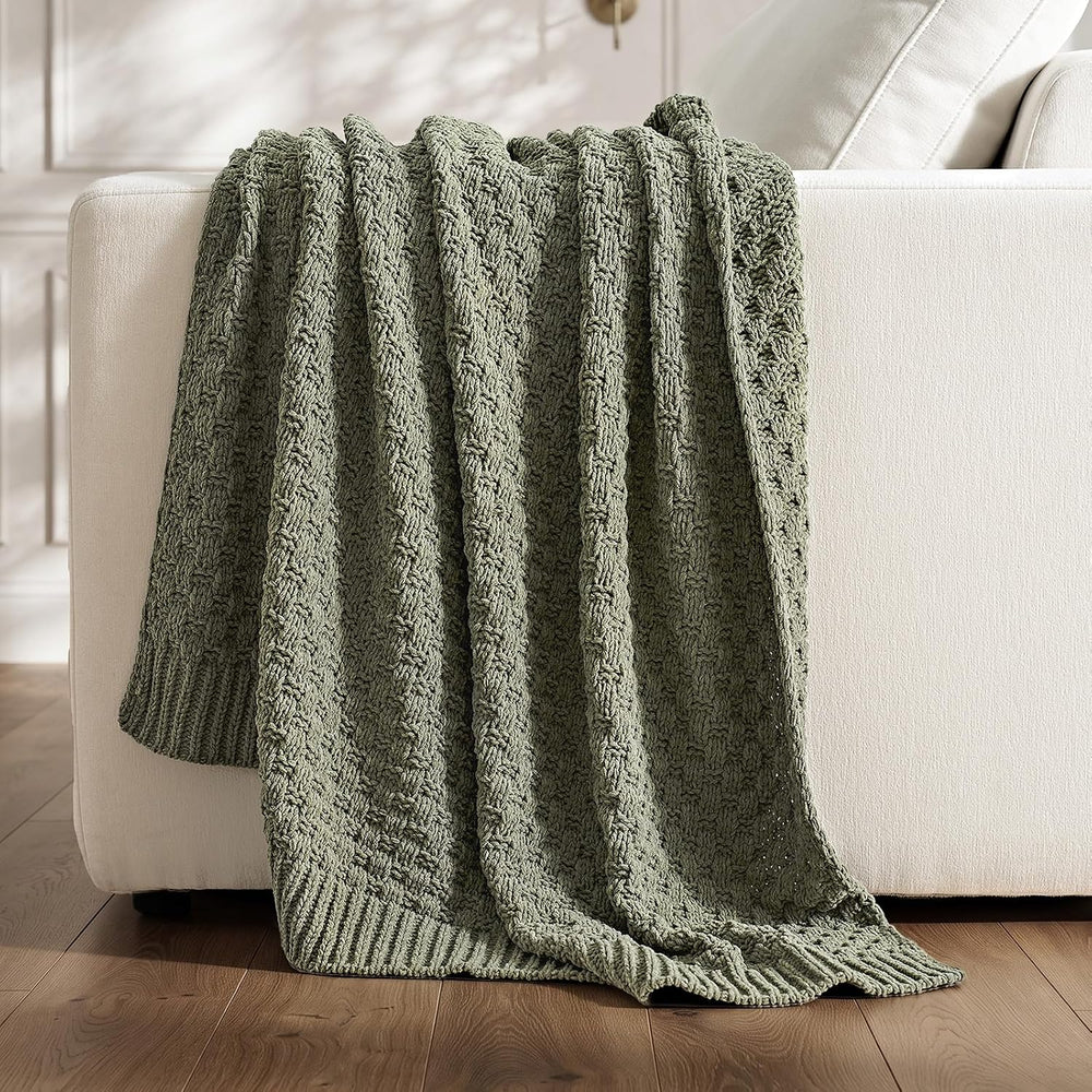 EVERGRACEHOME Chunky Chenille Knit Throw Blanket, Dried Thyme Green, 60x80