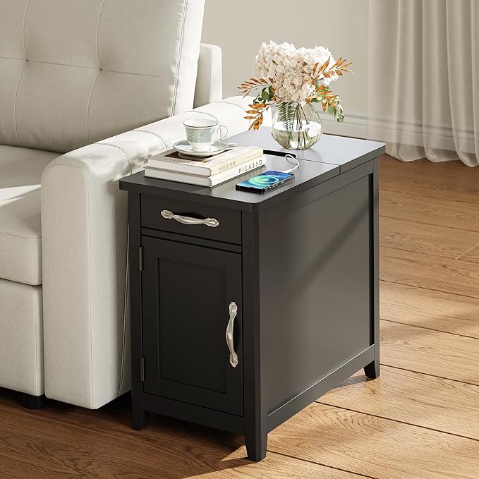 LINSY HOME Farmhouse End Table with Charging Station, Narrow Side Table for L...