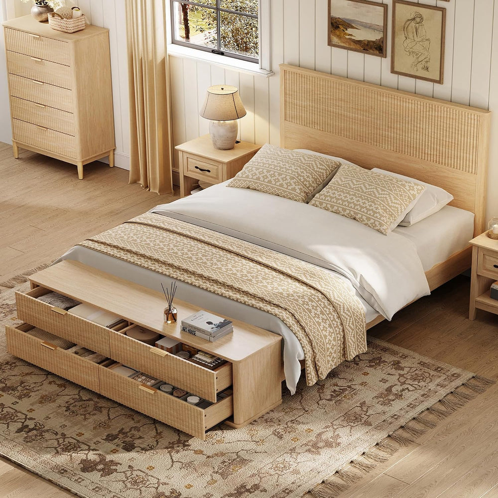 LINSY Fluted Boho Queen Bed Frame with Storage Bench, Natural Oak