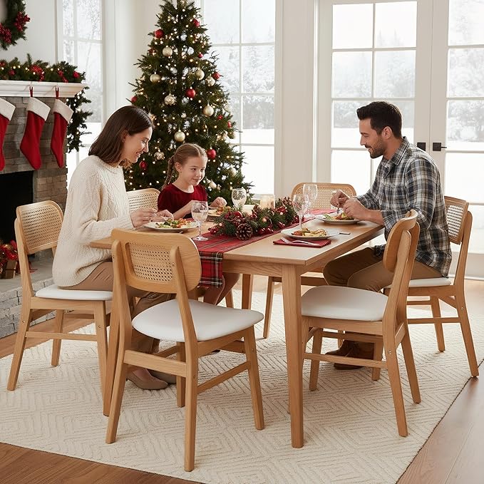 Rattan Dining Chairs Set of 4 White Faux Leather Dining Room Chairs Natural W...