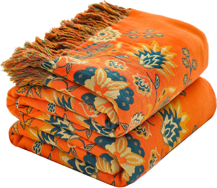 Burnt Orange Floral Rustic Boho Blanket for Bed Travel 60"×80"