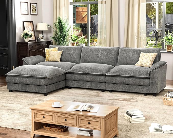 Homall 119" Modular Sectional Sofa, L Shaped Sofa Couch with Reversible Ottoman, DIY Combination Chenille Deep 3-Seat Cloud Couch for Living Room, Apartment (Light Grey, L Shaped Sofa)